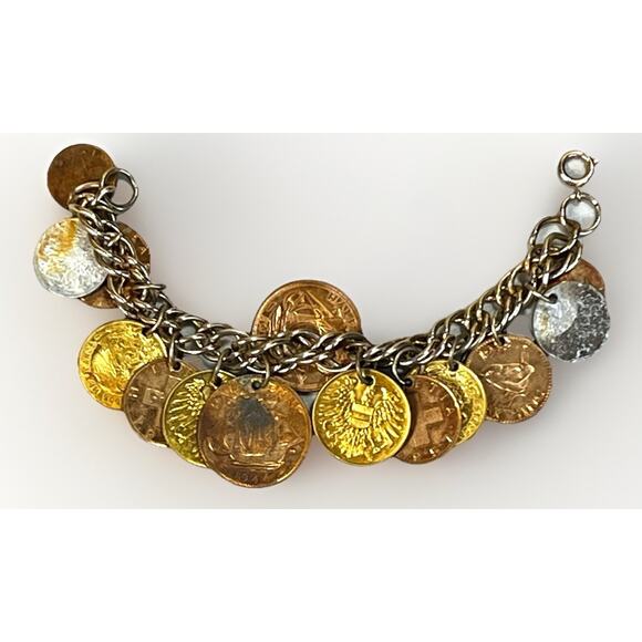 Vintage World European Coin & Token Charm Bracelet 1920s- 1950s - 7” - Picture 1 of 12